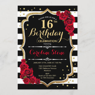 16.ª invitación a cumpleaños Rosas de franjas blan