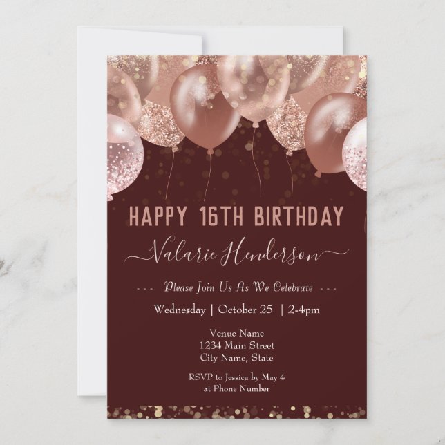 16.ª invitación a los globos rosados de cumpleaños (Anverso)