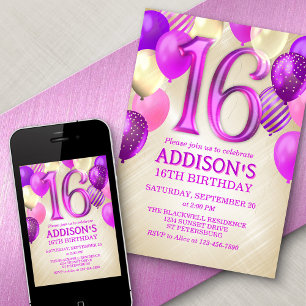 16.ª invitación a los globos rosados de cumpleaños