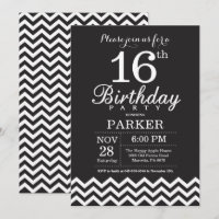 16.ª invitación de cumpleaños Chevron blanco y neg