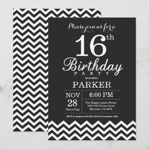 16.ª invitación de cumpleaños Chevron blanco y neg
