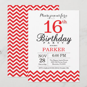 16.ª invitación de cumpleaños Chevron Rojo