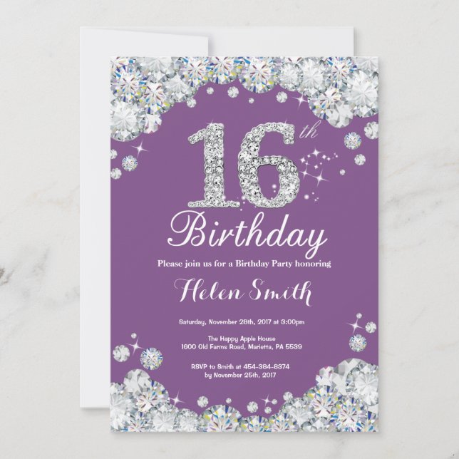 16.ª invitación de cumpleaños Diamante morado y pl (Anverso)