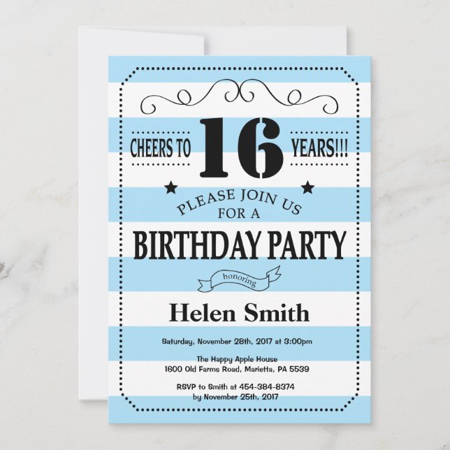 16.ª invitación de cumpleaños franjas azul y blanc (Anverso)