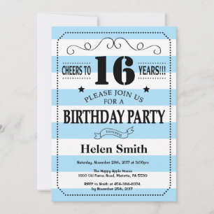 16.ª invitación de cumpleaños franjas azul y blanc