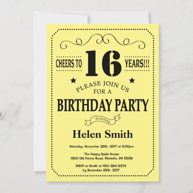 16.ª invitación de cumpleaños negro y amarillo (Anverso)