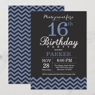 16.ª invitación de cumpleaños negro y azul