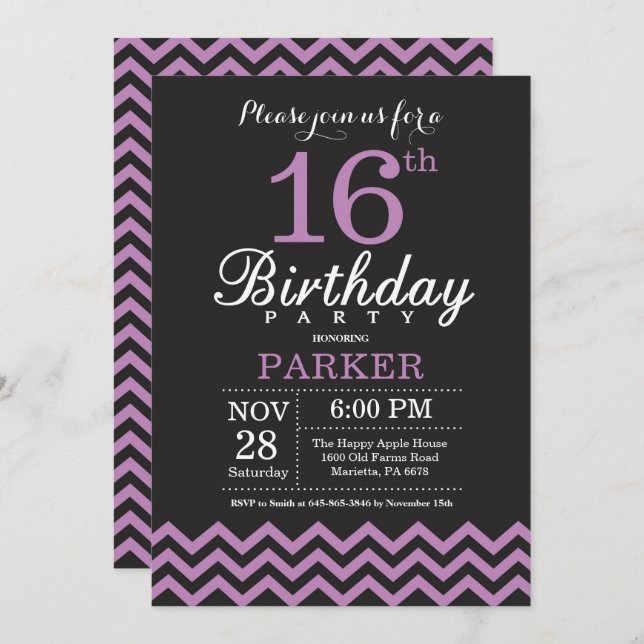 16.ª invitación de cumpleaños negro y morado (Anverso / Reverso)