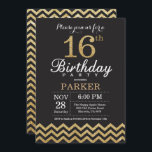 16.ª invitación de cumpleaños Purpurina negro y or<br><div class="desc">Invitación de cumpleaños número 16 con Chevron,  Purpurina de oro y negro. Pizarra. Cumpleaños de niños. Invitar a un niño o Chica. Para una mayor personalización,  haga clic en el botón "Personalizar" y utilice nuestra herramienta de diseño para modificar esta plantilla.</div>