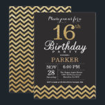 16.ª invitación de cumpleaños Purpurina negro y or<br><div class="desc">Invitación de cumpleaños número 16 con Chevron,  Purpurina de oro y negro. Pizarra. Cumpleaños de niños. Invitar a un niño o Chica. Para una mayor personalización,  haga clic en el botón "Personalizar" y utilice nuestra herramienta de diseño para modificar esta plantilla.</div>