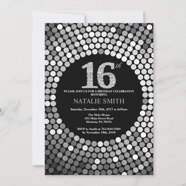 16.ª invitación de cumpleaños Purpurina negro y pl (Anverso)