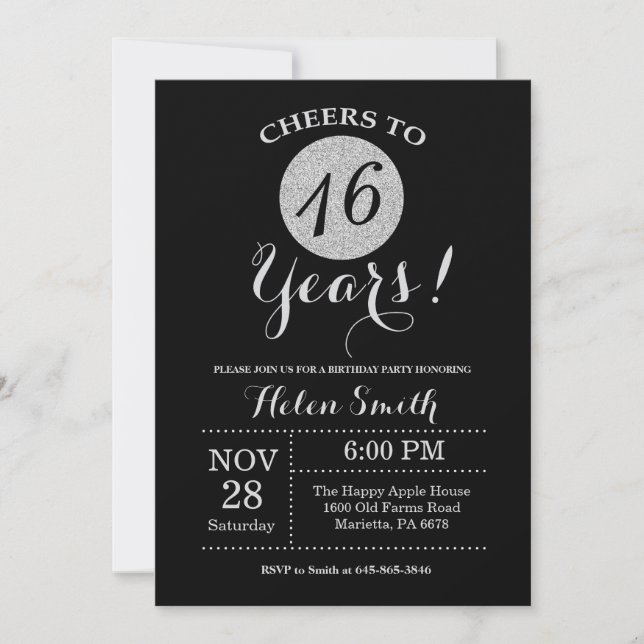 16.ª invitación de cumpleaños Purpurina negro y pl (Anverso)