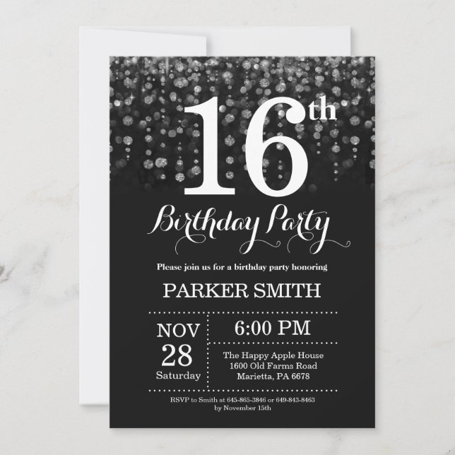 16.ª invitación de cumpleaños Purpurina Plata (Anverso)