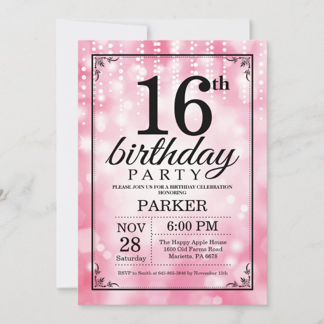 16.ª invitación de cumpleaños Purpurina rosado (Anverso)