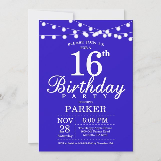 16.ª invitación de cumpleaños Royal Blue (Anverso)