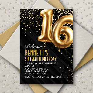 16.ª invitación de oro negro a los cumpleaños