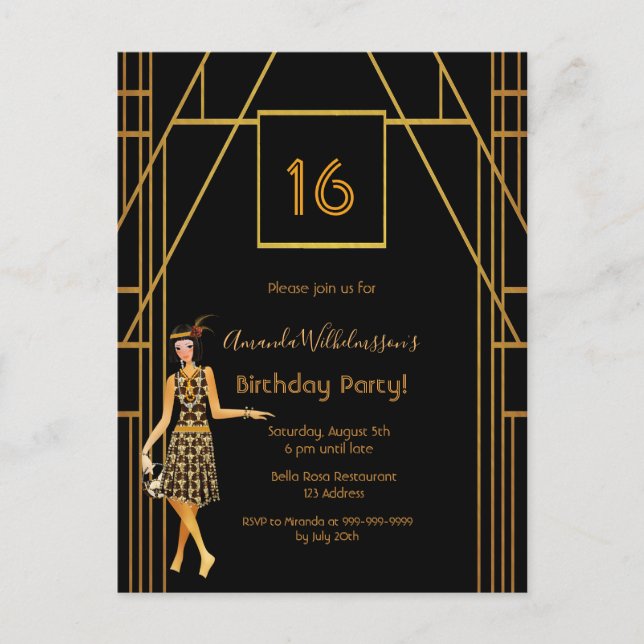 16.º cumpleaños invitación estilo deco de arte neg (Anverso)