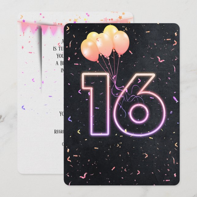 16.º cumpleaños Rótulo Neon en invitación negra (Anverso / Reverso)