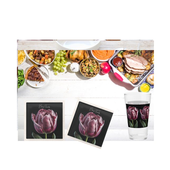 16 0z "Elegant Purple Tulip" estilo americano- Vid (Elegant coaster  with a sleek, smooth glass top, and matching glass.)