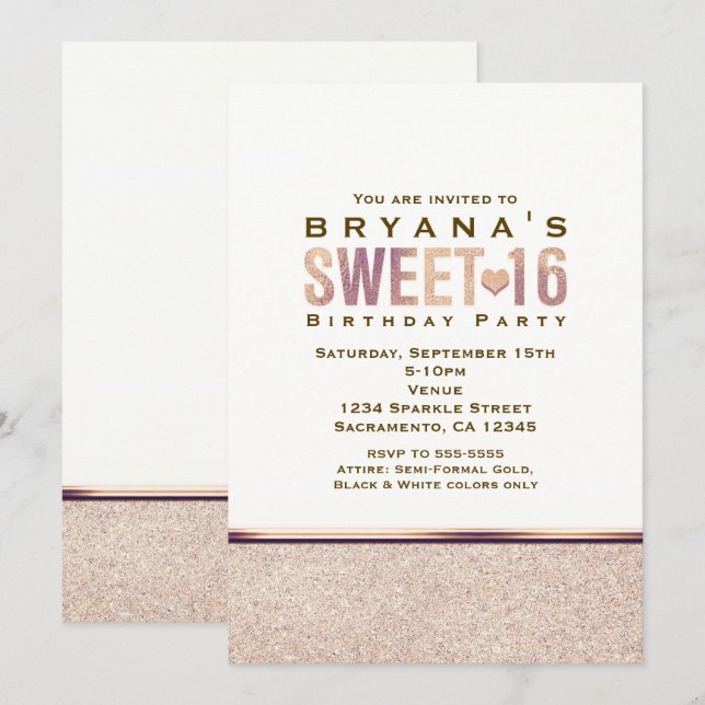 16 Faux Rosa Gold Champagne Invitación (Anverso / Reverso)