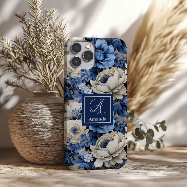 16 Flores Azules Chic Funda Cubierta para iPhone Esti (Chic Navy Blue Flowers Stylish iPhone Case Cover)