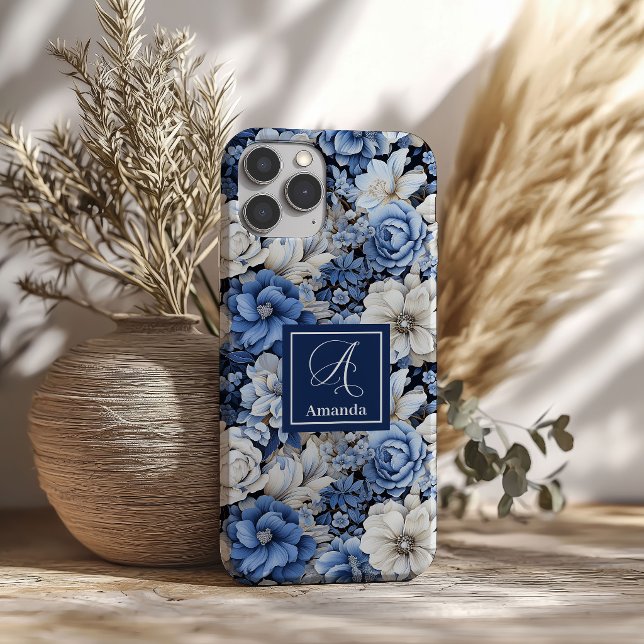 16 Funda de lujo para iPhone floral de marino elegant (Elegant Blue and White Flowers Luxury iPhone Case)