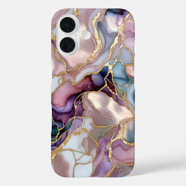 16 Funda para iPhone abstracta dorada de mármol rosa  (Reverso )