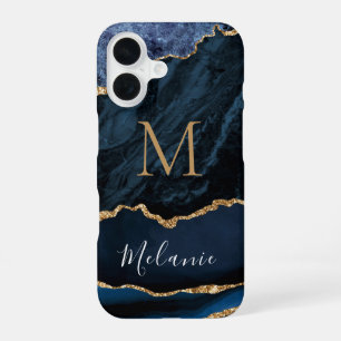 16 Funda para iPhone Blue Gold Marble con tu nombre e