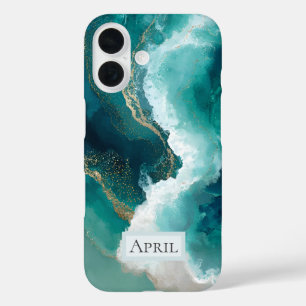 16 Funda para iPhone Case-Mate de mármol teal, blanco