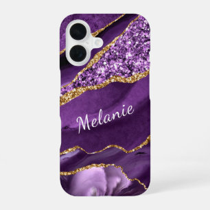16 Funda para iPhone con brillo dorado púrpura y nomb