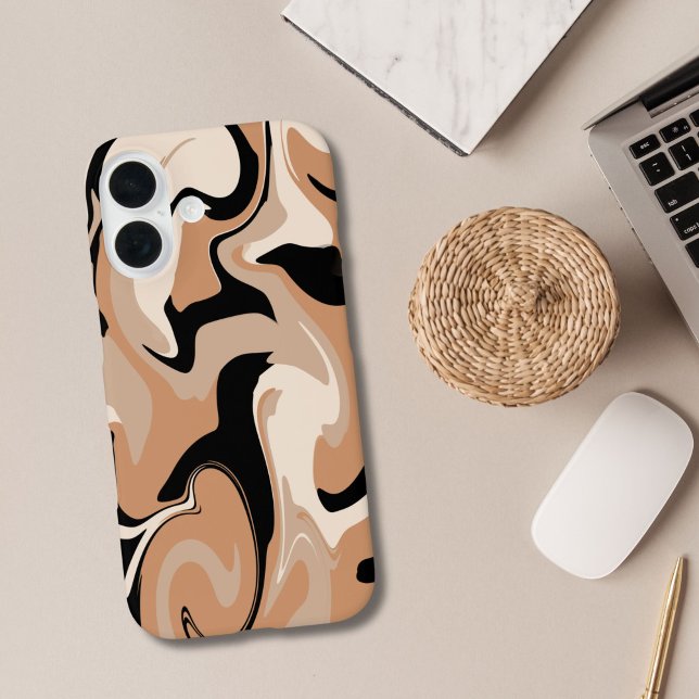 16 Funda para iPhone con diseño de mármol negro y mar (Black Brown Beige Marble Swirl Pattern iPhone 16 15 14 13 12 11 case.  )