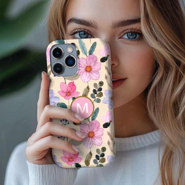 16 Funda para iPhone con monograma boho de flor rosa (Subido por el creador)