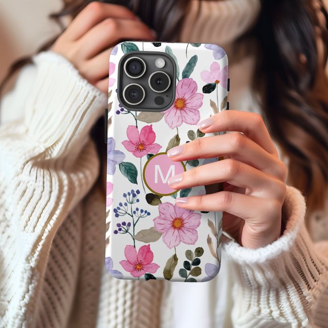 16 Funda para iPhone con patrón de flores rosa Monogr (Subido por el creador)