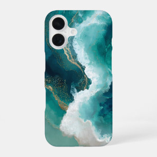 16 Funda para iPhone de mármol teal, blanca y dorada
