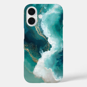 16 Funda para iPhone de mármol teal, blanca y dorada