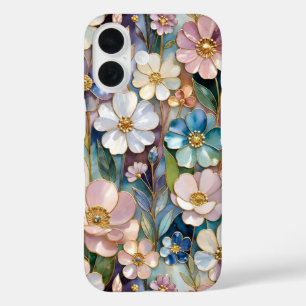 16 Funda para iPhone de vidrio pintado floral Azul pa