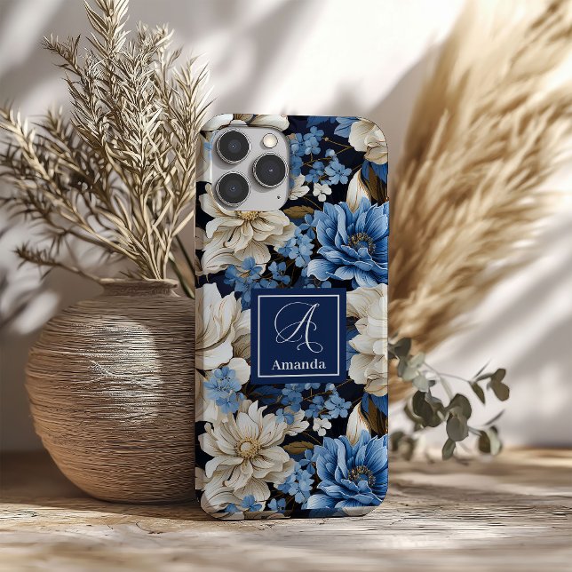 16 Funda para iPhone Flores Azul Marino Opulentas Ele (Opulent Navy Blue Flowers iPhone Case Elegant Style)