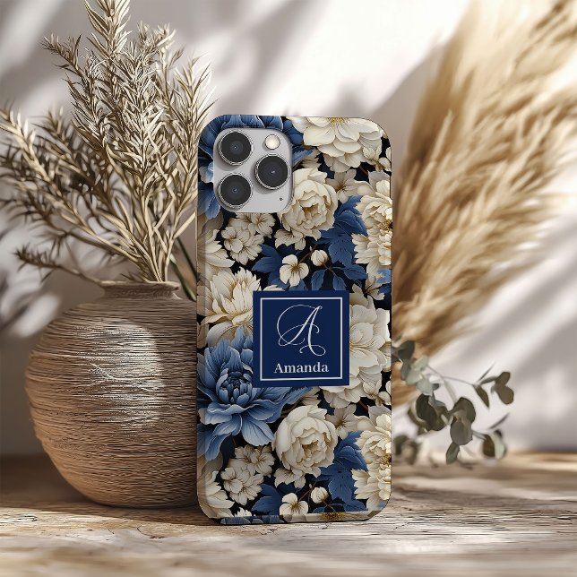 16 Funda para iPhone Flores Hermosas de la Marina Flo (Beautiful Navy Flowers iPhone Case Blue Floral Style)
