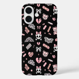 16 Funda para iPhone Jirai Kei negra con detalles ros