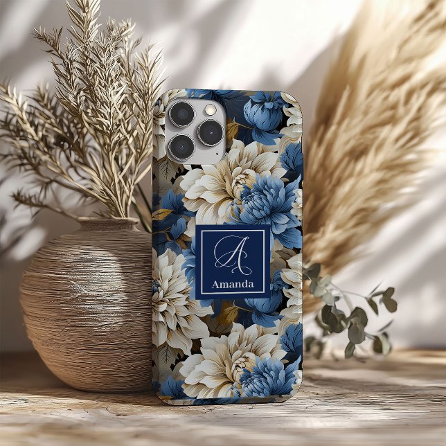 16 Funda para iPhone Luxury Navy Flowers Cubierta flo (Luxury Navy Flowers iPhone Case Blue Floral Cover)