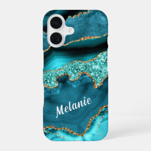 16 Funda para iPhone Teal Blue GoldGlitter con nombre