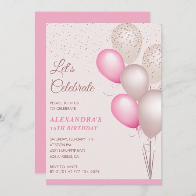 16 invitaciones de cumpleaños Globos Confetti rosa (Anverso / Reverso)