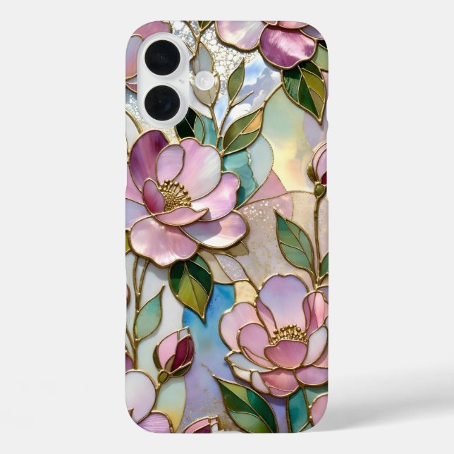 16 Plus Funda para iPhone Floral Rosa Elegante Vidrio Empl (Reverso )