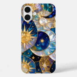 16 Plus Funda para iPhone Sol Luna Vidrio Pintado Azul Dor