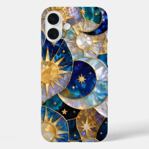 16 Plus Funda para iPhone Sol Luna Vidrio Pintado Azul Dor