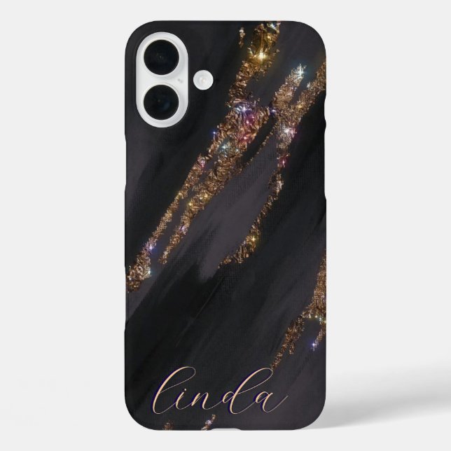 16 Plus Modern Black Gold Monogrammed Funda - Mate iPhone (Reverso )