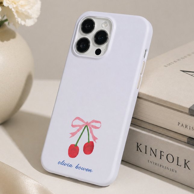 16 Pro Funda para iPhone | Cubierta de teléfono adorable  (A cute custom design phone case with coquette bow and cherries, perfect for gifting or everyday use)