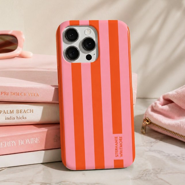 16 Pro Funda para iPhone | Raya Audaz Preppy Coral Rosa (A bold striped phone case with a playful modern look perfect for gifting or everyday use.)