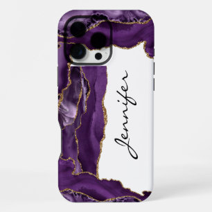 16 Pro Max Funda para iPhone de geoda de ágata púrpura dorada