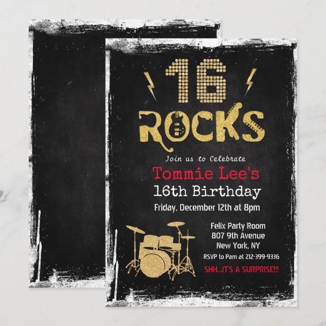 16 Rocks Rockstar Guitar 16 cumpleaños invitación (Anverso / Reverso)